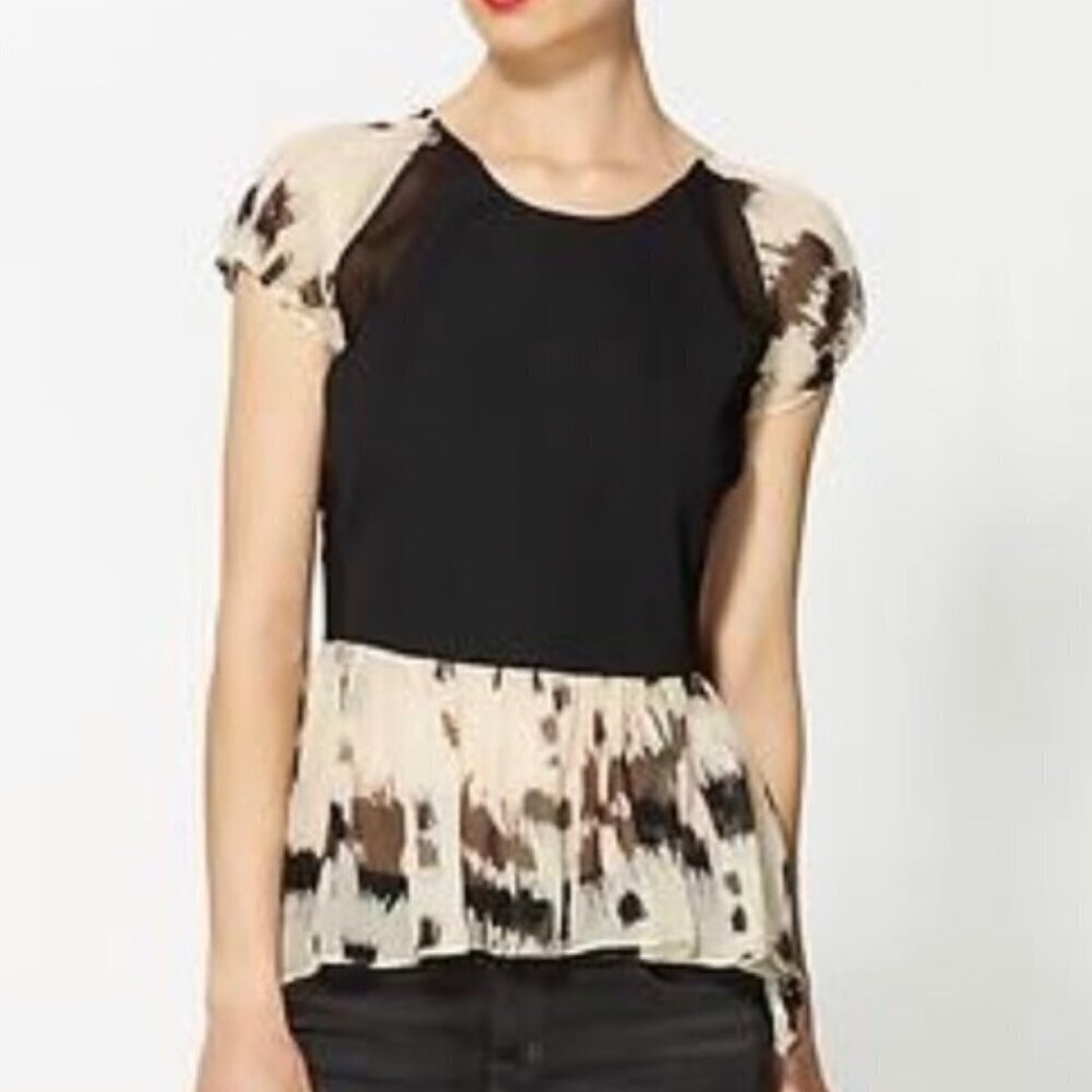 Line & Dot Black Cream Silk Peplum Waist Top